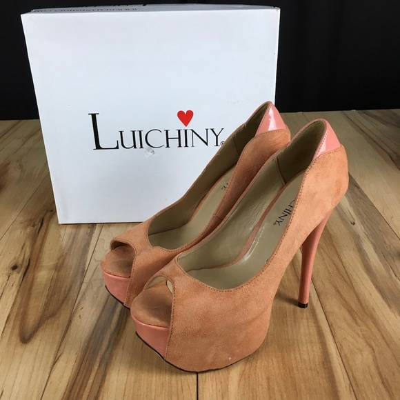 Luichiny platform heel Coral peach suede open toe - Picture 5 of 7